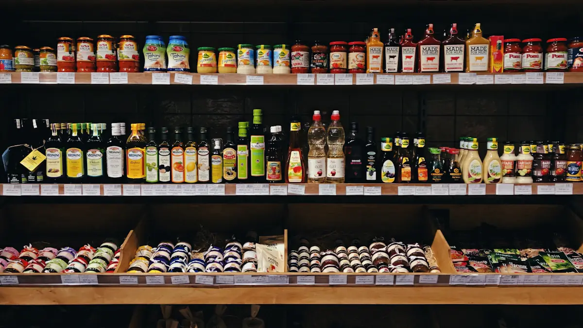Полки магазина с фасованными пищевыми продуктами